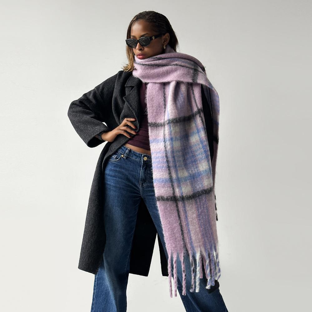 Foreign trade new velvet mohair plaid scarf women s winter thickened solid warm shawl atmosphere scarf shawl 252*40cm