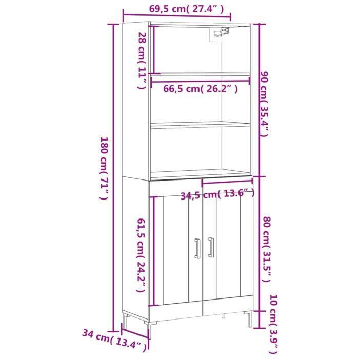 VidaXL Buffet haut Blanc 69,5x34x180 cm Bois d'ingénierie 3189957
