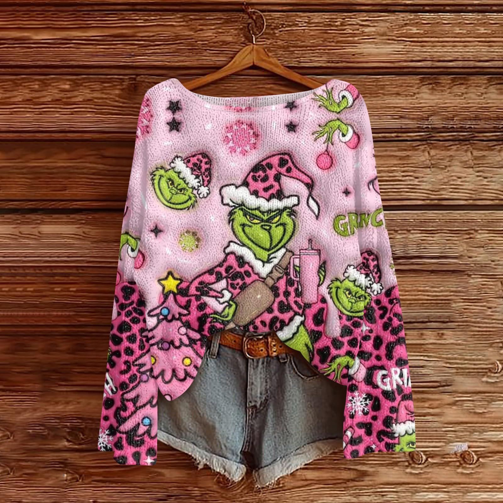 

Women s Fashion Round Neck Long Sleeve Christmas Print Casual Knit Pullover Top XL