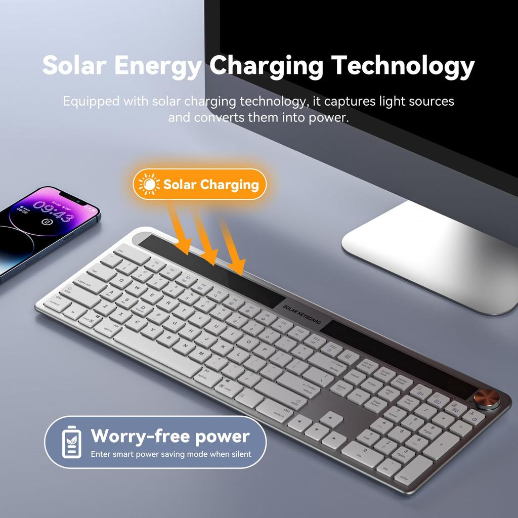 Dejeen Wireless Solar Rechargeable Keyboard, Full-Size Solar Rechargeable Keyboard for PCs, Desktops, Laptops, Tablets, Smart TVs, and Windows 111087