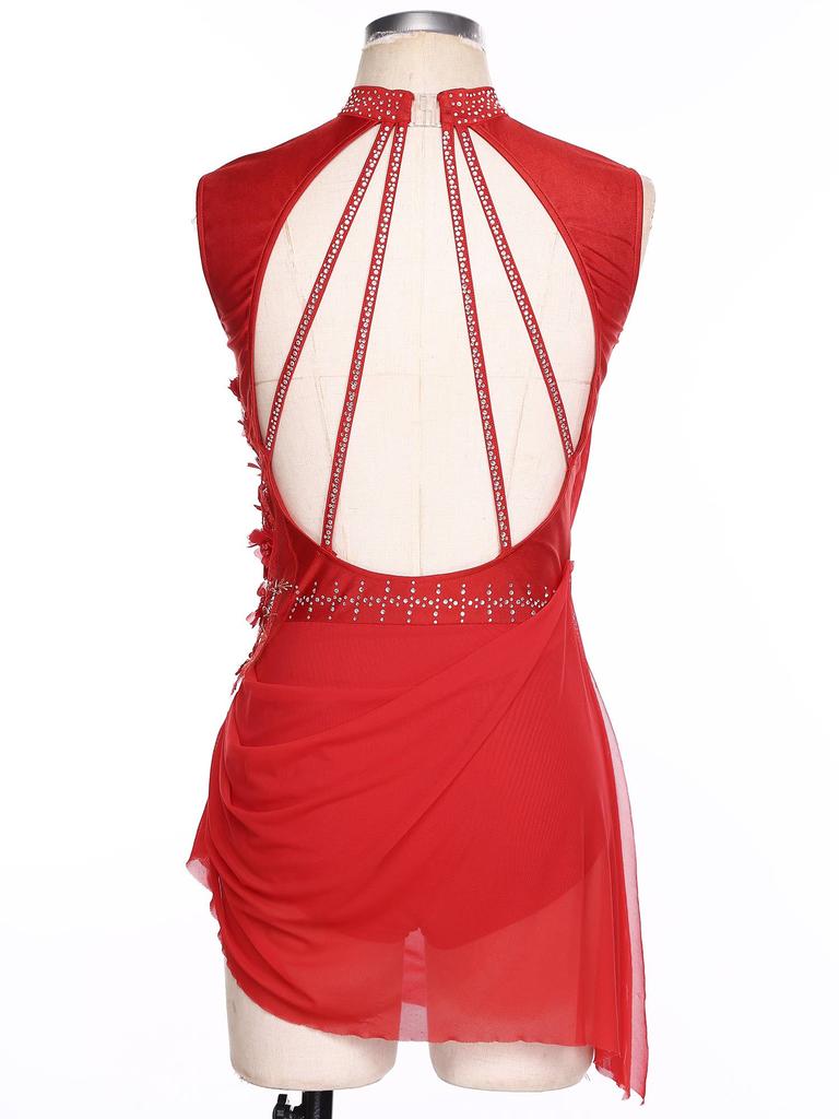 Women Figure Skating Ballet Dance Dresses Sleeveless Backless Sheer Mesh Overlay Shiny Rhinestones Asymmetrical Dress Dancewear