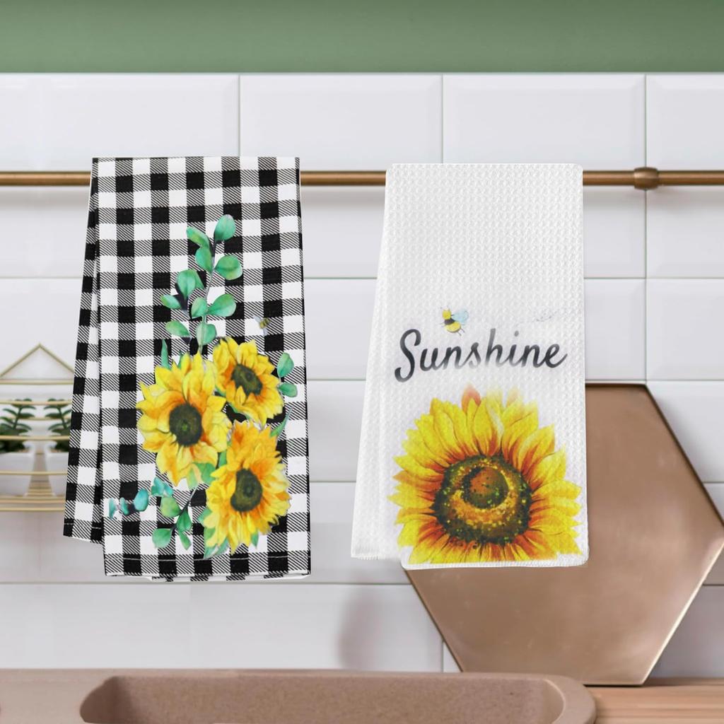 2 Pack Sunflowers Waffle Kitchen Towels Dish Towels, 15.7 Inch X 23.6 Inch, Super Absorbent & Lint Free Hand Towels for Home