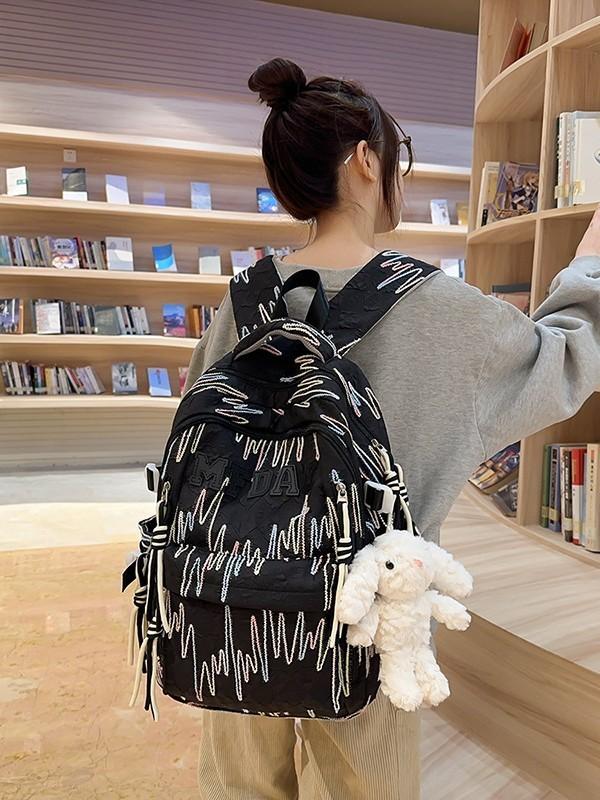 Girls Nylon School Backpack With Letter Pattern And Top Handle For School And Travel