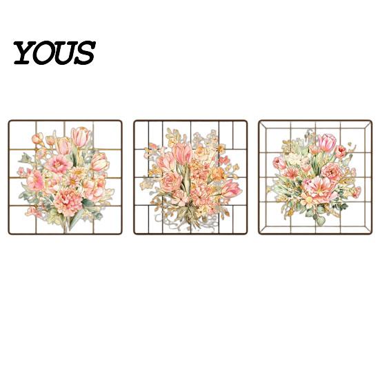 Waterproof Wall Stickers 3 Sheets Spring Flower Sticker, Square Grid Floral Plants Decoration, Peel Stick Art Removable Decal for Home Office