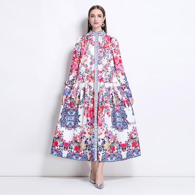 Spring Autumn Women Vintage Print Flower Runway Dresses Plus Size Stand Collar Single Breasted Oversized Loose Long Maxi Holiday Seaside Dress