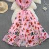 Summer Women Elegant Turn-down Collar Designer Print Long Midi Runway Party Shirt Dresses With Belt