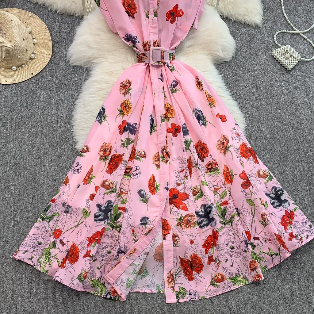 Summer Women Elegant Turn-down Collar Designer Print Long Midi Runway Party Shirt Dresses With Belt