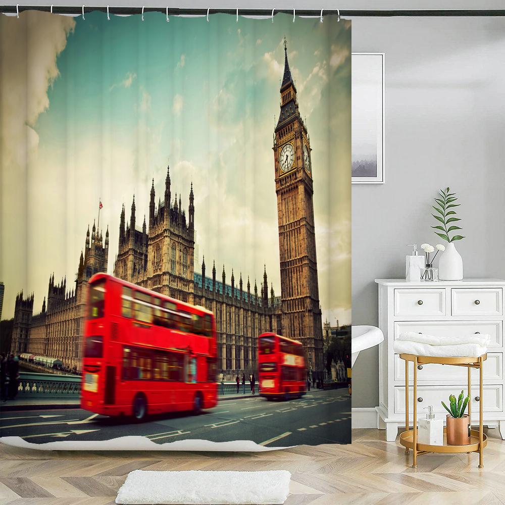 Retro Style 3d Print Shower Curtains Paris Tower Street View Telephone Booth Bath Curtain Waterproof Polyester Bathroom Curtain
