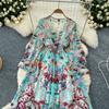 Spring Summer Bohemain Long Dress Women's V-Neck Flare Sleeve Floral Print Single Breasted High Waist A-Line Chiffon Vestidos