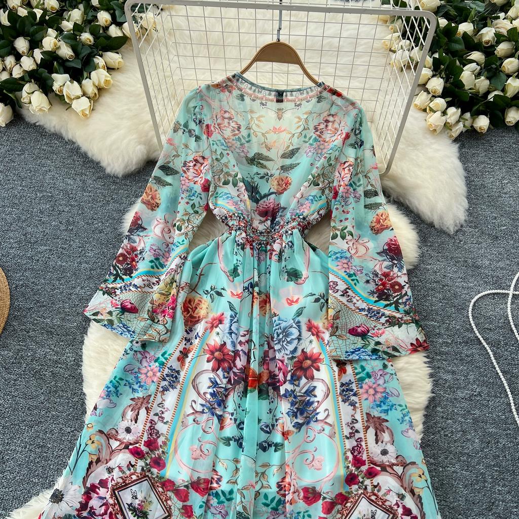Spring Summer Bohemain Long Dress Women's V-Neck Flare Sleeve Floral Print Single Breasted High Waist A-Line Chiffon Vestidos