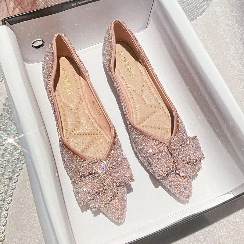 Fashion Classic Rhinestone Casual Single Shoe Women's Summer 2024 New Full Diamond Ladies Pointed Shallow Mouth Large Flat Shoes 41-43