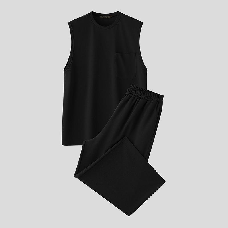 

INCERUN Мужские комплекты из двух предметов: майки без рукавов оверсайз и длинные брюки с карманами 2XL чёрный