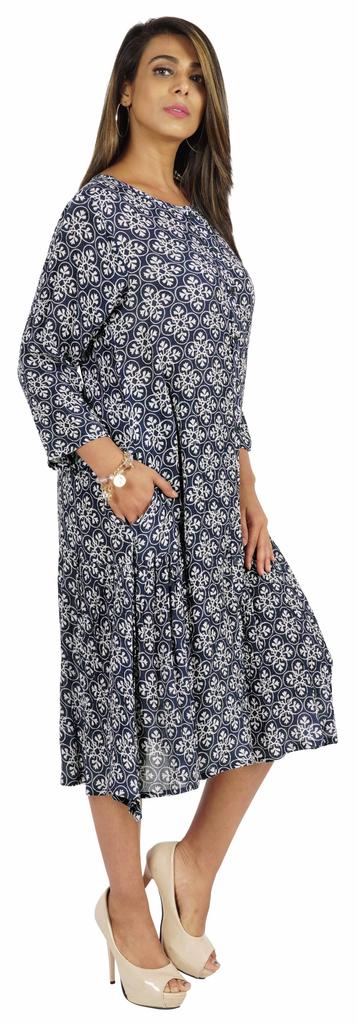 Bimba Printed Flared Midi Dress For Women Rayon Crepe Casual Summer Dress