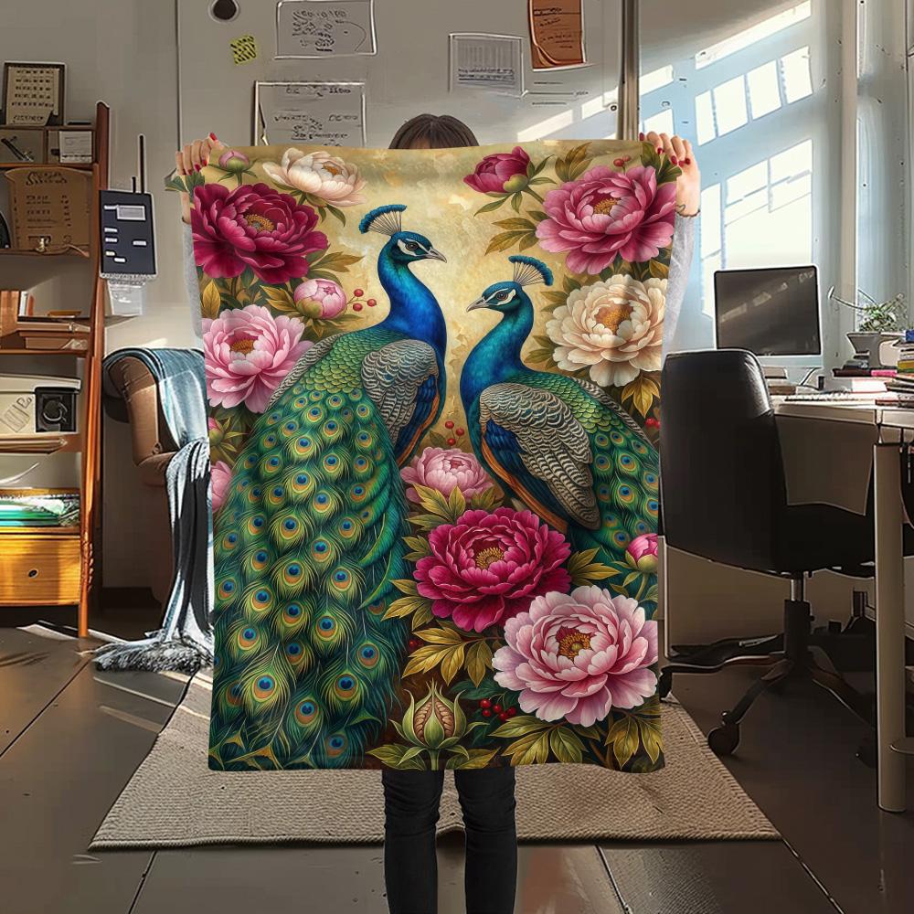 1PC Peacocks and Plants  Print FlAannel Blanket, High quality Comfortable for All Seasons, Home Decor, Warmth and Comfort