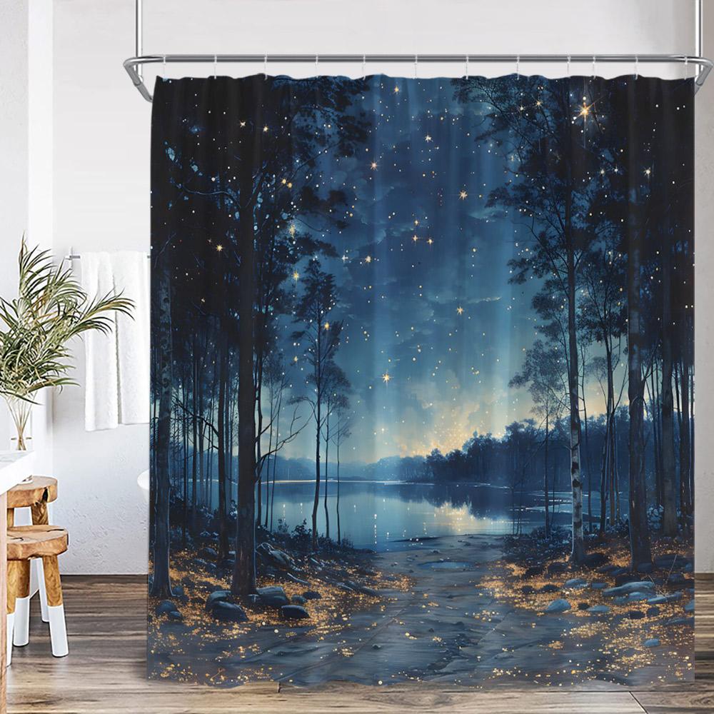 Fantasy Sky Meteor Shower Curtain Full Moon Space Universe Forest Cloud Magic Astrology Polyester Bath Curtain Decor With Hook