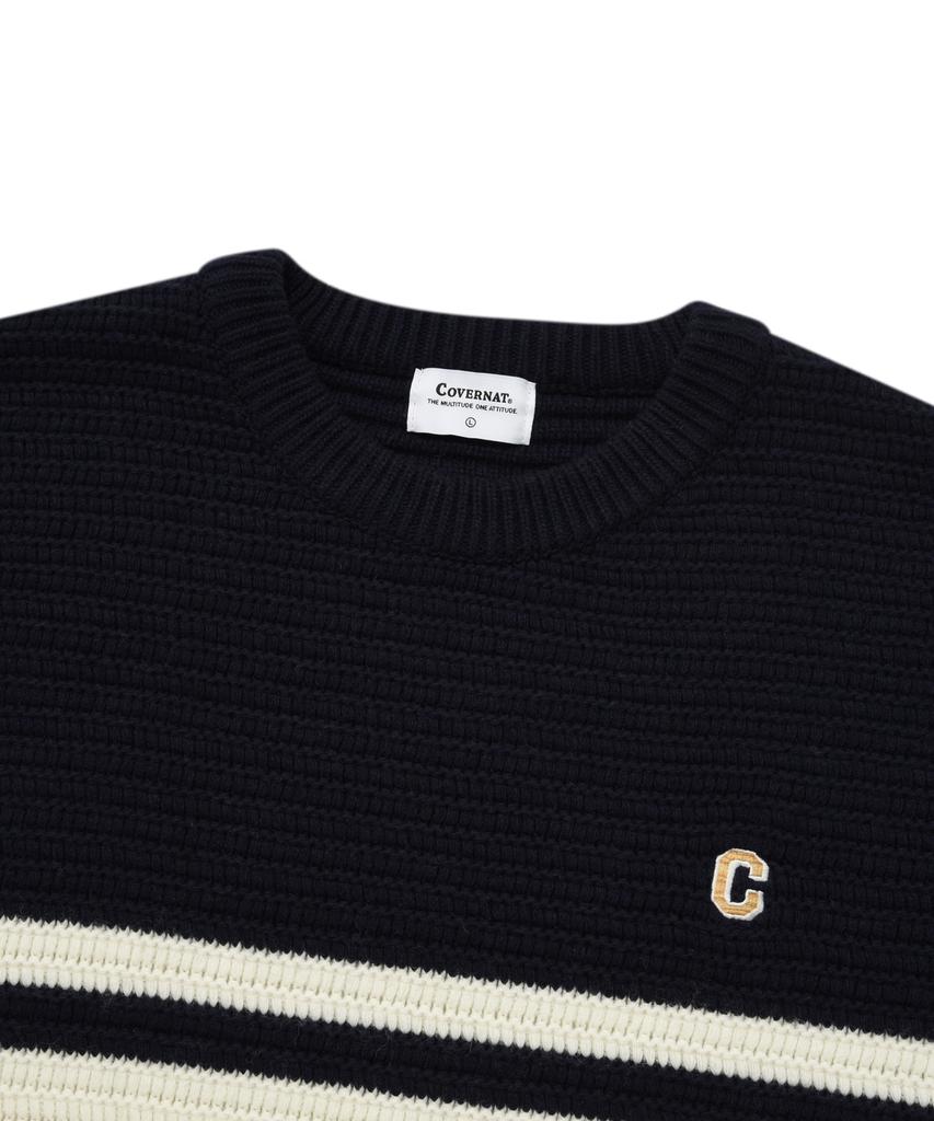 COVERNAT Two-Tone Striped Crew Neck Knit Navy