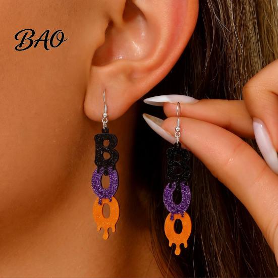 Festival Jewelry Accessories 1 Pair Glitter Halloween BOO Earrings, Sparkly Acrylic Black Purple Orange Fun Festive Party Boo Dangle Drop Earrings for