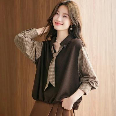 Herbst Neue Mode Stil Altersreduzierend Locker Bauchbedeckend Schleife Gestrickt Patchwork Hemd Top für Damen