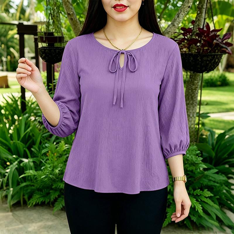 ZANZEA Blusa informal holgada de color liso con cuello redondo y mangas 3/4 para mujer