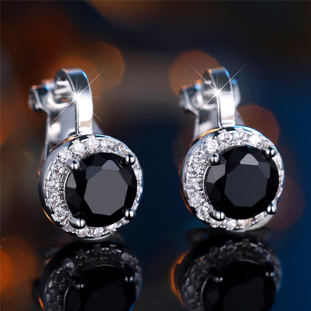 Cute Female Black Green Blue Zircon Stone Round Clip Earrings Charm Silver Color Wedding For Women