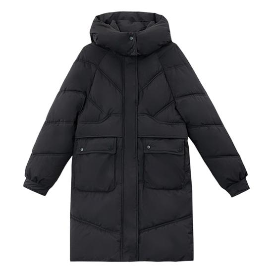 Winter Down Coat Neck Protection Stand Collar Padded Hooded with Pockets Zip-up Parka Windproof Heat Retention Daily Cold Weather Outwear Cotton