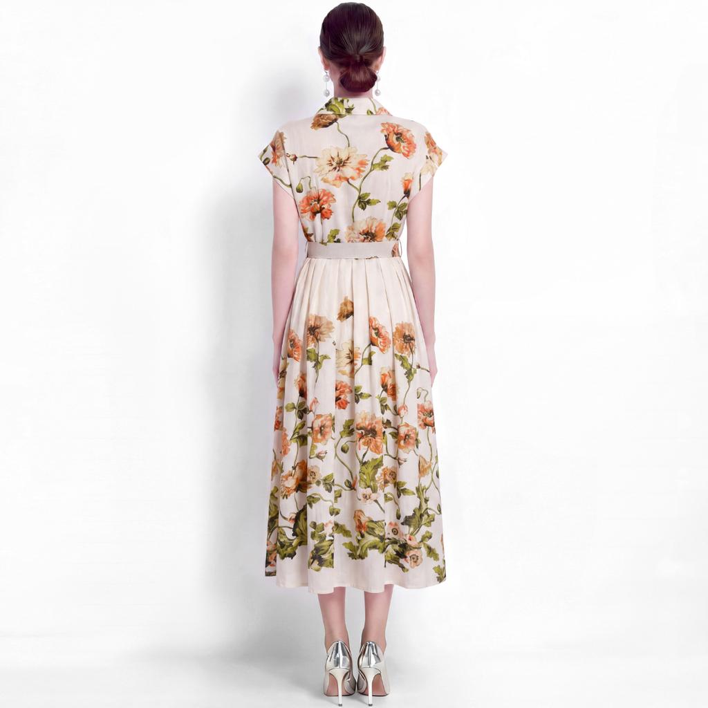 Elegant Floral Print Midi Shirt Dress for Women Summer Cap Sleeve Lapel Button Down Waist Belt A-Line Dress Holiday Outfits
