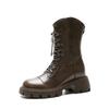 Autumn New Style Women's Boots Lace Up Mid Follow Round Head Fang Hei Rubber Wear-resistant Sole  Platform Shoes Outdoor Leisure