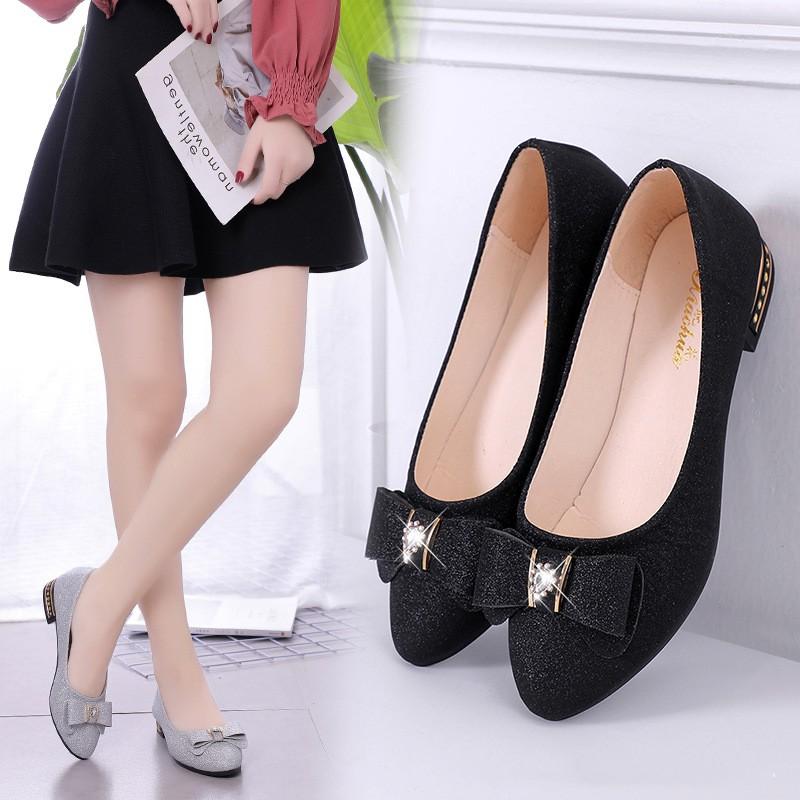 Women's Spring/Fall Chunky-Heeled Pointed-Toe Pumps with Bow and Rhinestones Comfortable Low-Heeled Work and Mom Shoes