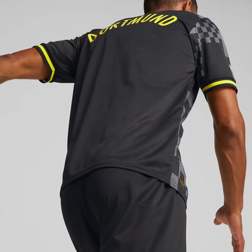 Puma Logo Print V-Neck Short Sleeve Football Shirt, Dortmund Away Fan Edition Men Tops Black 765884-02