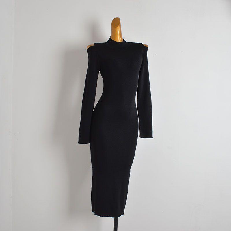 Sample Clothes New Solid Half-high Collar Long Sleeve Knitted Dress Women Clothes Spring and Autumn Slim Fit Slimming Sexy off-Shoulder Long Dress
