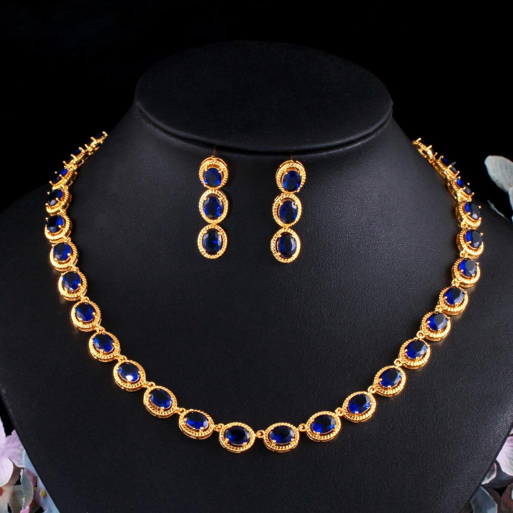 Exquisite Zircon Necklace Earrings Set, Environmentally Friendly Copper Electroplated Real Gold Chain Set, Bridal Wedding Accessories Jewelry