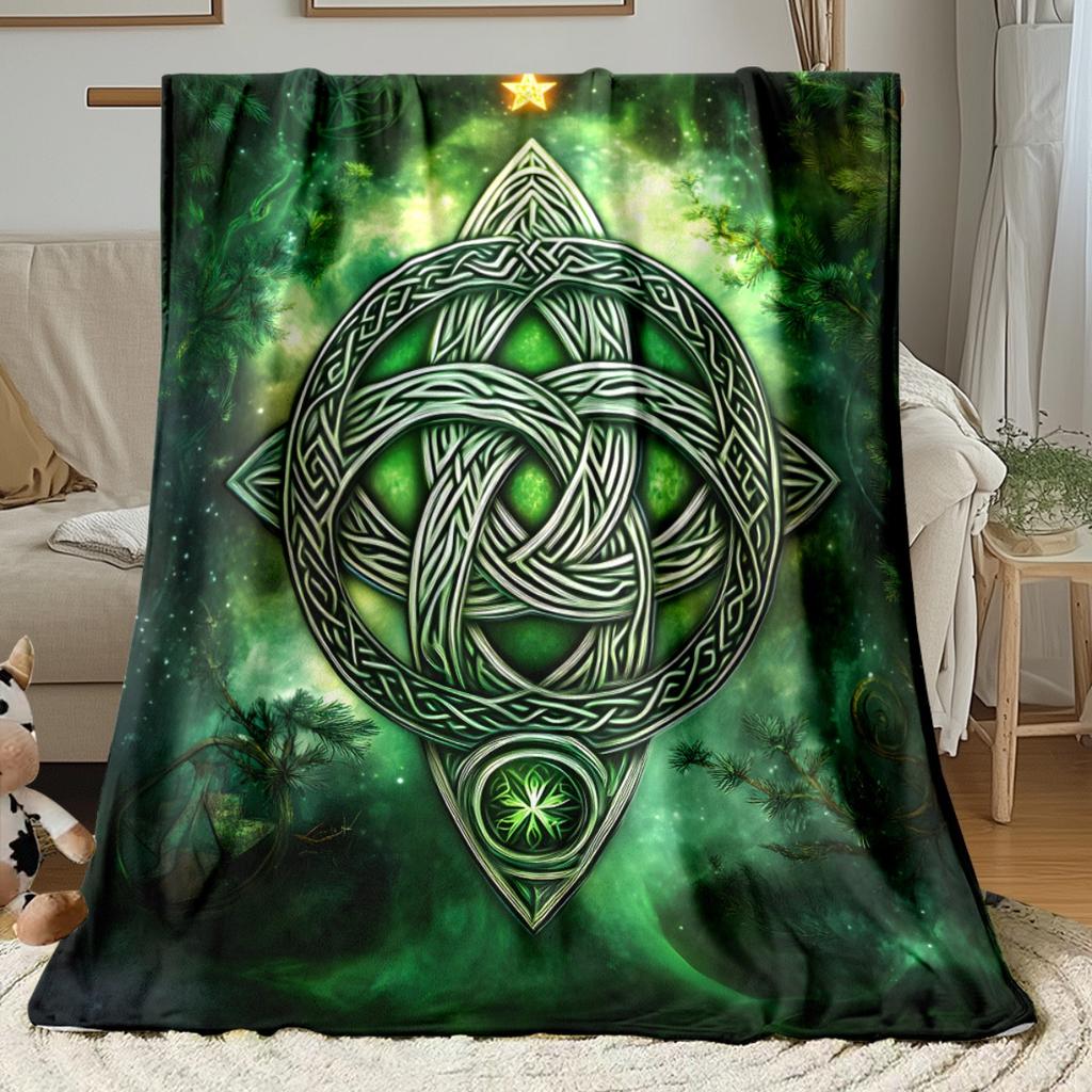 Green Celtic Knot Forest Mystical Symbol Flannel Blanket Nature Inspired Blanket Pagan Decor Spiritual Energy Throw Blanket for