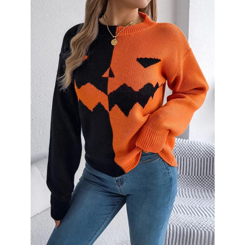 Autumn and Winter Women Halloween Pumpkin Contrast Color Knitted Long Sleeve Loose Sweater