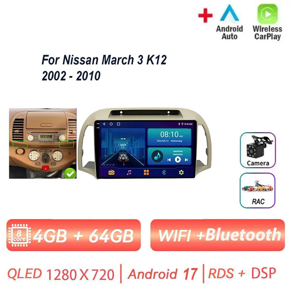 Pour Nissan March 3 K12 2002 - 2010 Autoradio Android 17 Carplay Auto Lecteur Multimédia Écran Navigation 4G GPS 2 Din