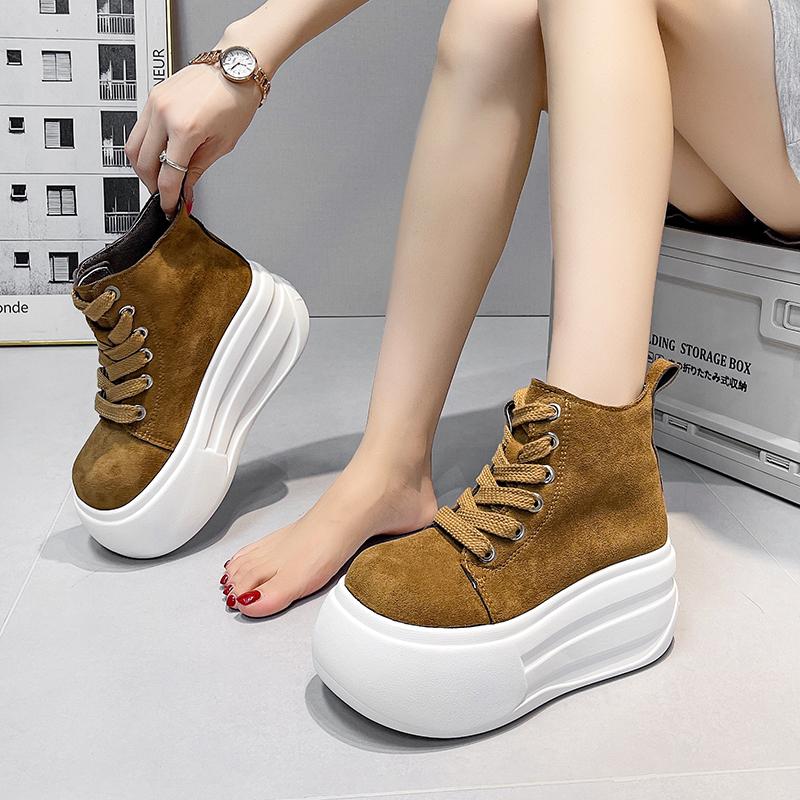 Fashion 9CM Platform Wedge Shoes Leather Spring Autumn Walking Sneakers Hidden Heels Women Autumn Chunky Sneaker Fashion