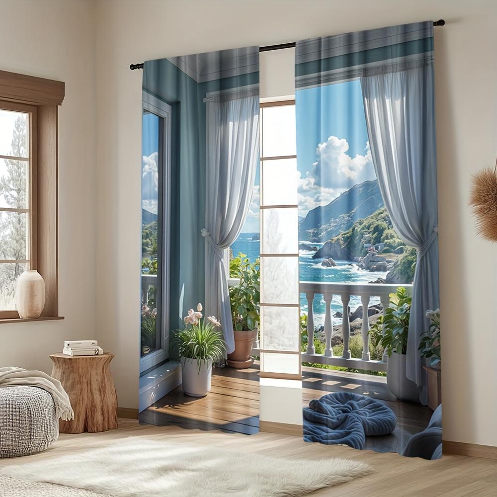 Set aus 2 hellblauen weißen Vorhängen mit Meerblick Einfach aufzuhängen Polyester Balkon Wohnzimmer Schlafzimmer Büro Ferienhaus Durchsichtig Hergestellt Fensterdekoration