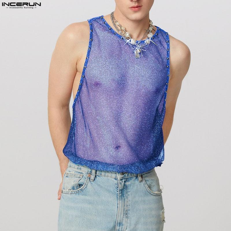 

INCERUN Men O-neck Sleeveless Mesh Sheer Tank Tops Undershirts XL