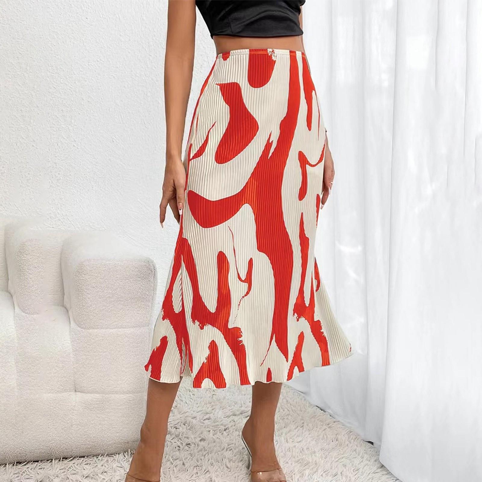 

Женская летняя плиссированная повседневная длинная юбка трапециевидной формы с высокой талией и принтом XXL красный