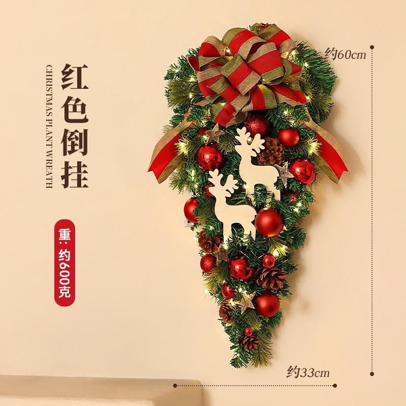 Handmade PVC Christmas Wreath Hanging Ornament Indoor Small Pine Needle Cones with Upside Rattan Bow Pendant Indoor Decorations