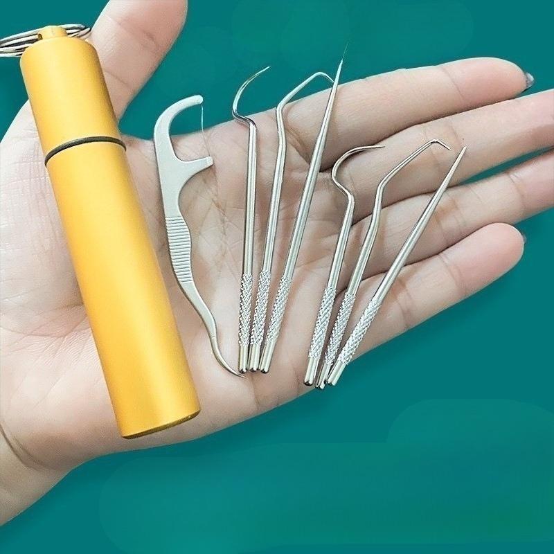 6Pcs/set304 Stainless Steel Portable Toothpick Interdental Crochet Set Tooth Picking Stuffing Artifact Portable Floss Needle Cleaning