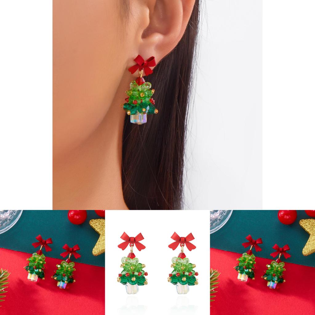 Christmas Jewelry Girls Alloy Red Bow Christmas Tree Earrings With Sparkling Decor For Holiday Fashion