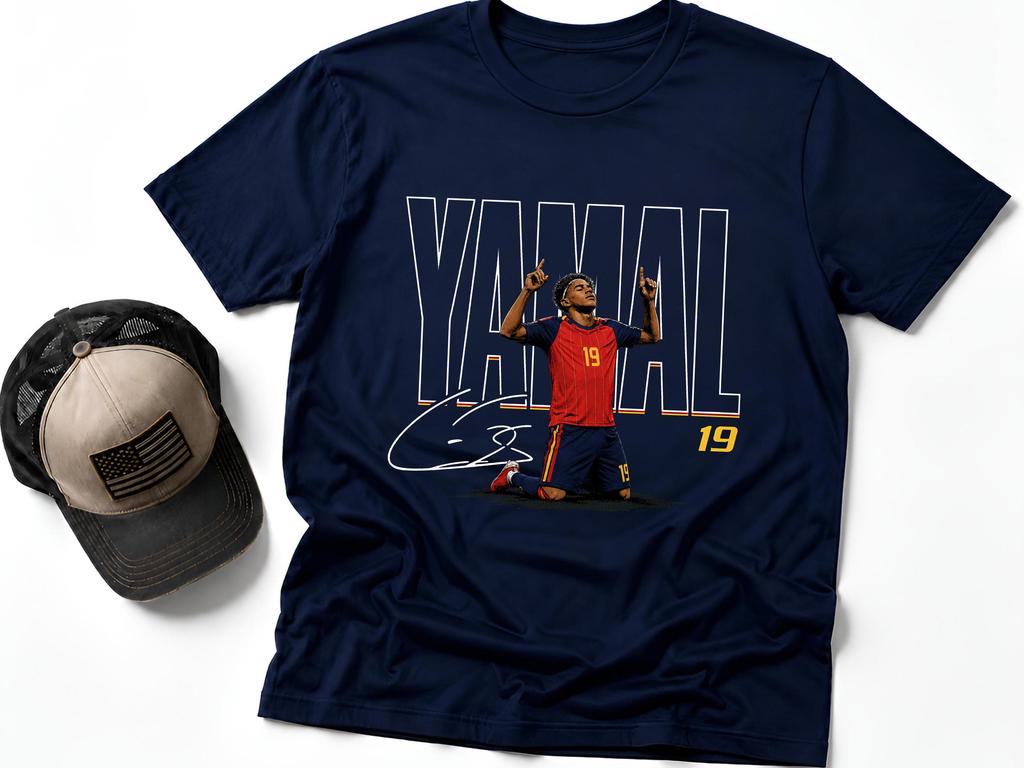 Lamine Yamal Signature Graphic T Shirt Unisex Pure Cotton Oversized Soccer Star Portrait Print Casual Streetwear Short Sleeve Tee