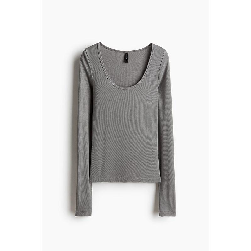

HM Women s T-shirt 2025 Autumn New Arrival Simple and Stylish Casual Silm Long Sleeves Plaid round Neck Tops 1259455 Gray 155/76