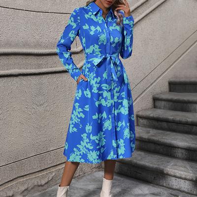 Temperament and Elegance Outer Wear Fall Women's Long Sleeve Lapel Printed Dresses