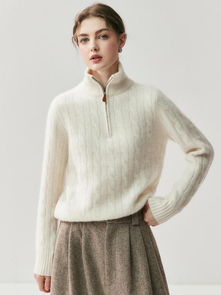 Women's High Neck Cashmere Cable Knit Sweater with Half Zip