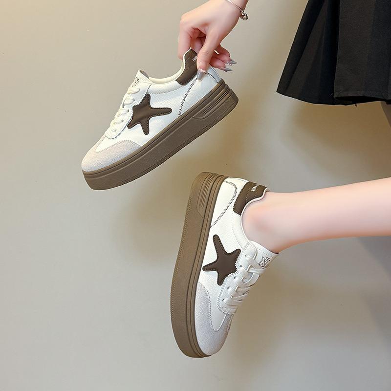 New soft leather women's shoes round head lace-up thick sole fashionable versatile color matching board shoes tide