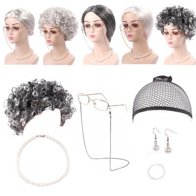 1 Set Old Lady Costume Set Breathable Halloween Smooth Simulated Soft Fluffy Role Play Grey Granny Cosplay