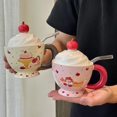 Haushaltstrinkbecher mit hohem Erscheinungsbild und schöner Tasse, Geschenk für Mädchen im Büro mit Deckel, Löffel
