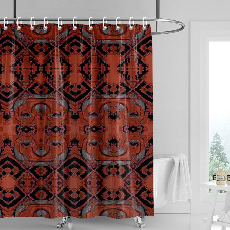 Abstract Symmetrical Shower Curtain-bright Red with Multi-color Geometric Pattern, Modern Bathroom Decoration