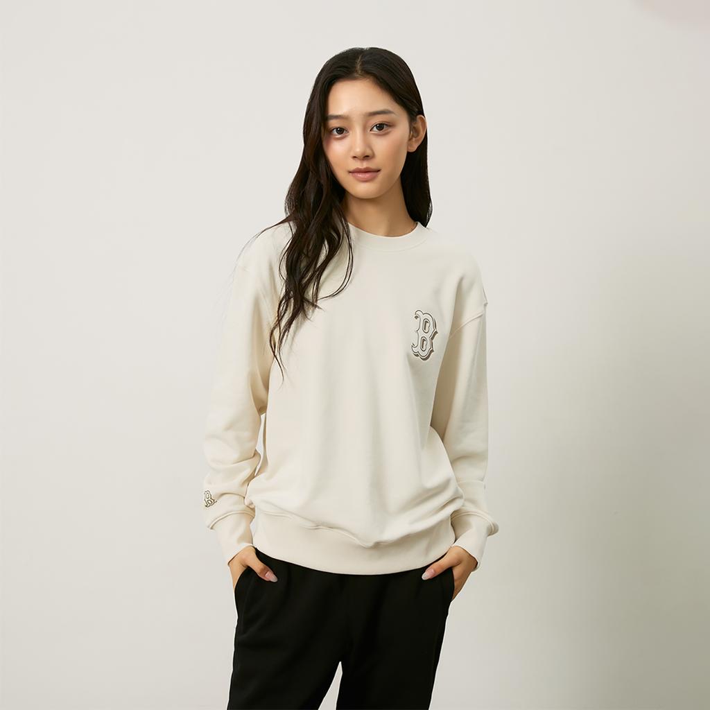 New MLB MONOGRAM Collection Boston Red Sox 24FW Long Sleeved Crew Neck Sweatshirt Unisex Hemp Cream 3AMTM1544-43CRM